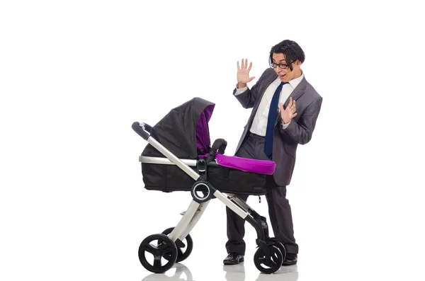 Rolig pappa med bebis och barnvagn på vitt — Stockfoto