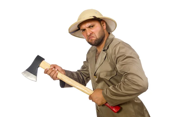 Hombre con hacha aislada en blanco —  Fotos de Stock