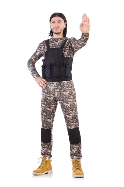 Joven en uniforme militar aislado en blanco — Foto de Stock