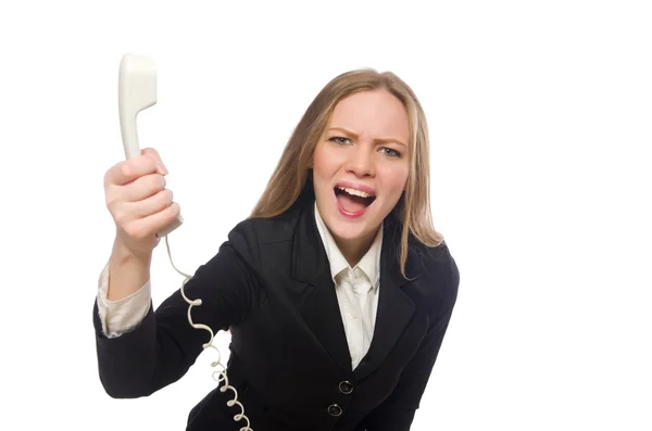 Bastante empleado de oficina sosteniendo teléfono aislado en blanco —  Fotos de Stock