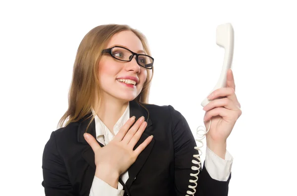 Bastante empleado de oficina sosteniendo teléfono aislado en blanco — Foto de Stock