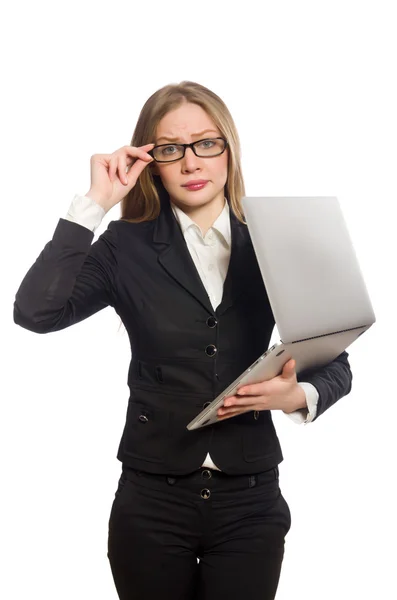 Hübsche Büroangestellte mit Laptop in Weiß — Stockfoto