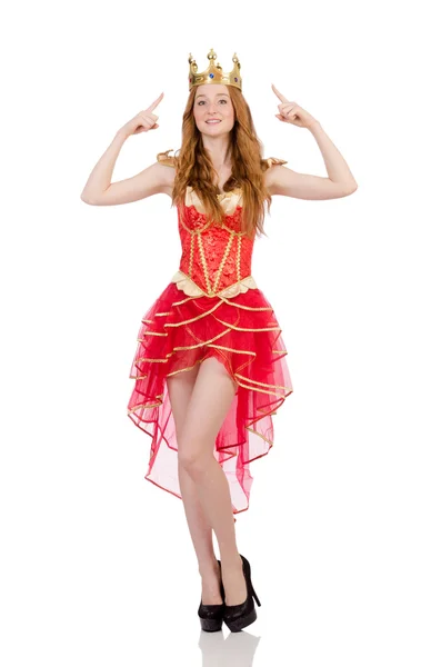 Princess wearing crown and red dress isolated on white — Stock Photo, Image