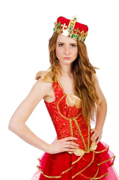 Prinses draagt kroon en rode jurk geïsoleerd op wit — Stockfoto