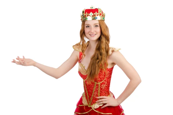 Prinsessan bär krona och röd klänning isolerad på vit — Stockfoto