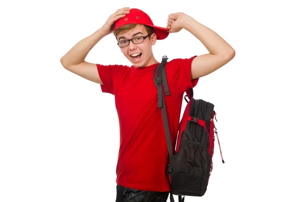 Young traveller with backpack isolated on white — Stock Photo, Image