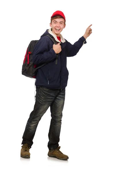 Jeune voyageur avec sac à dos isolé sur blanc — Photo