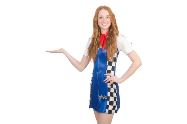 Femme portant des vêtements de motosport sur blanc — Photo