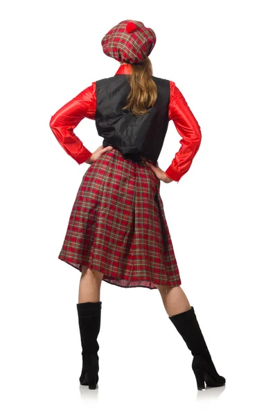 Funny woman in scottish clothing on white — Stock Photo, Image