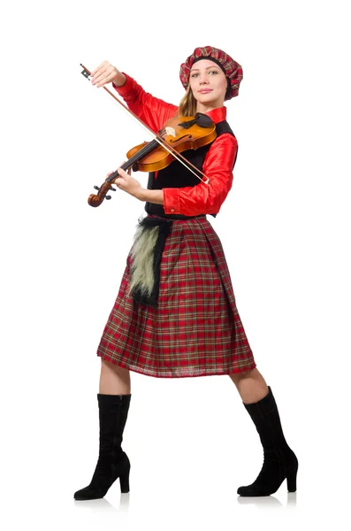 Funny woman in scottish clothing with violin — Stock Photo, Image