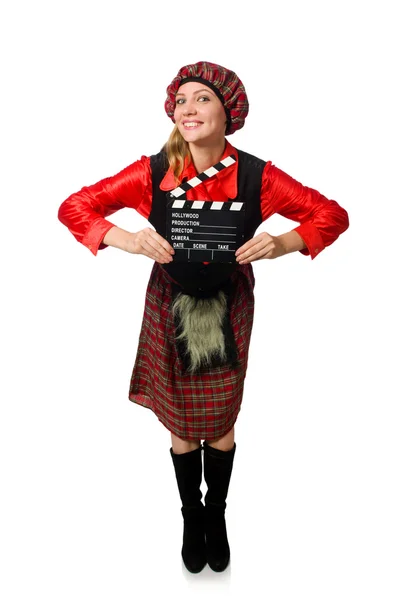Komik kadın film kurulu ile İskoç giyim — Stok fotoğraf