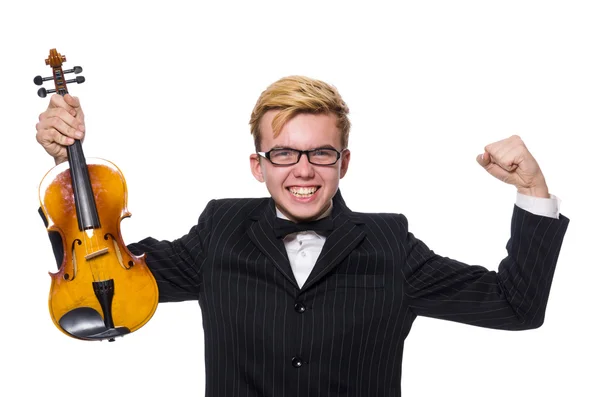 Jonge muzikant met viool geïsoleerd op wit — Stockfoto
