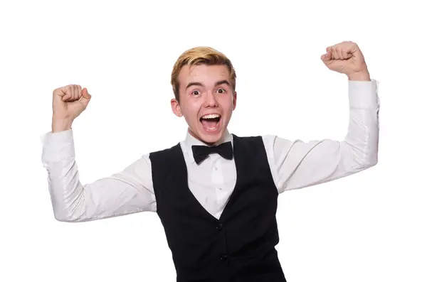 Young man in black classic vest isolated on white — Stock Photo, Image