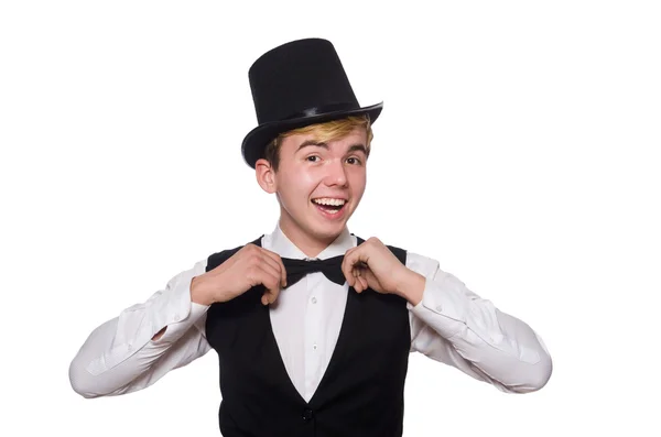 Young man in black classic vest isolated on white — Stock Photo, Image