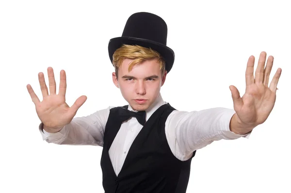 Young man in black classic vest and hat isolated on white — Stock Photo, Image