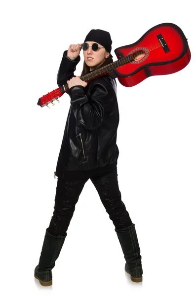 Young guitar player isolated on the white Stock Photo
