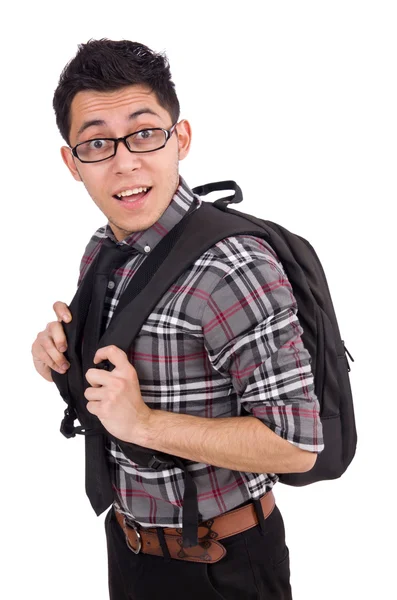 Jovem funcionário com mochila isolada em branco — Fotografia de Stock