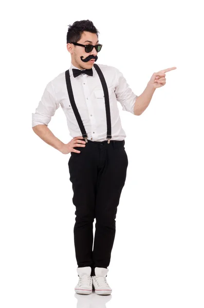 Молодий чоловік з вусами ізольований на білому — стокове фото