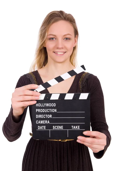 Ragazza vestito marrone tenendo clapperboard isolato su bianco — Foto Stock