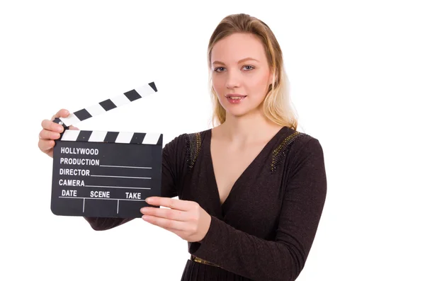 Brown dress girl holding clapperboard isolated on white — Stock Photo, Image