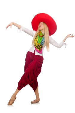 Meksikalı kız sombrero ile beyaz üzerinde dans ediyor