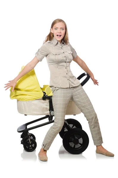 Woman with baby and pram isolated on white — Stock Photo, Image