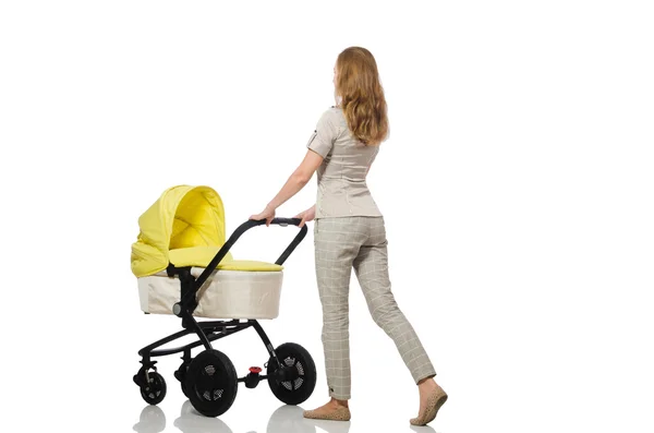 Женщина с ребенком и коляской изолированы на белом — стоковое фото