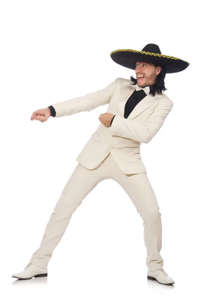Mexicano engraçado em terno e sombrero isolado em branco — Fotografia de Stock