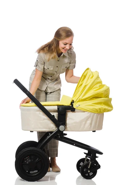 Woman with baby and pram isolated on white — Stock Photo, Image