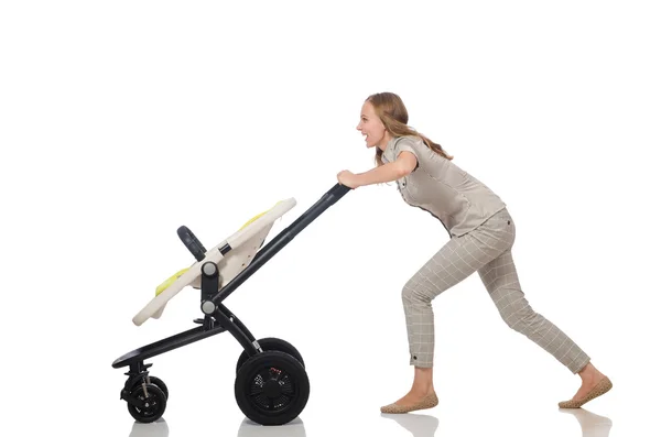 Vrouw met de kinderwagen geïsoleerd op wit — Stockfoto