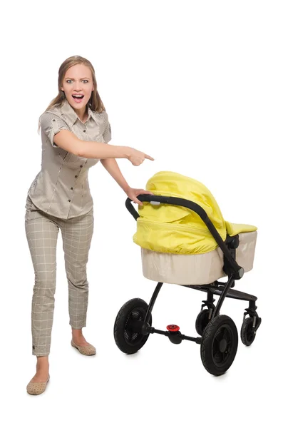 Vrouw met de kinderwagen geïsoleerd op wit — Stockfoto