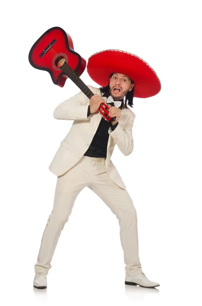 Funny mexicano en traje sosteniendo la guitarra aislado en blanco — Foto de Stock