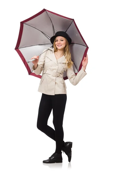 Woman with umbrella isolated on white — Stock Photo, Image