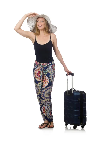 Woman ready for summer travel isolated on white — Stock Photo, Image