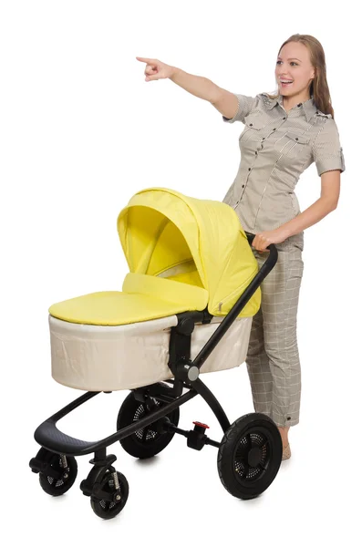 Vrouw met de kinderwagen geïsoleerd op wit — Stockfoto