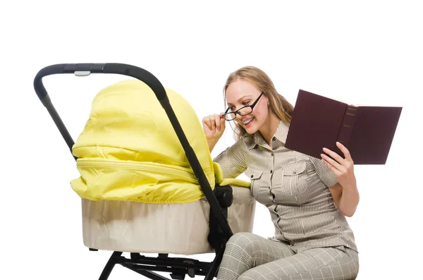 Женщина с ребенком и коляской изолированы на белом — стоковое фото