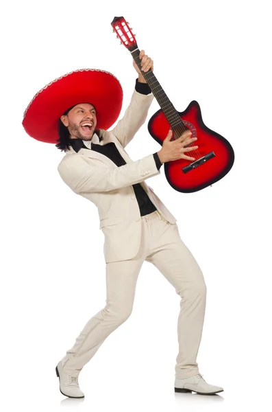 Grappige Mexicaanse in pak die gitaar geïsoleerd op wit — Stockfoto