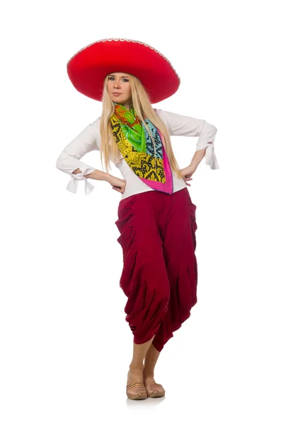 Mexican girl with sombrero dancing on white — Stock Photo, Image