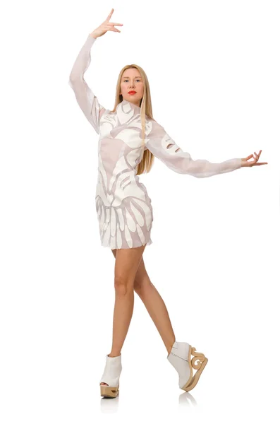 Femme portant une robe blanche isolée sur blanc — Photo