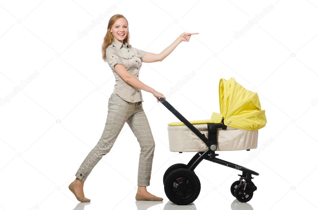 Woman with baby and pram isolated on white