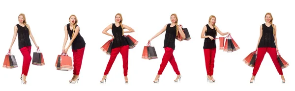 Conjunto de mujer con bolsas de compras en blanco — Foto de Stock