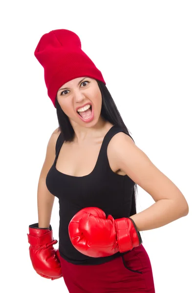 Mujer boxeadora aislada en el blanco — Foto de Stock