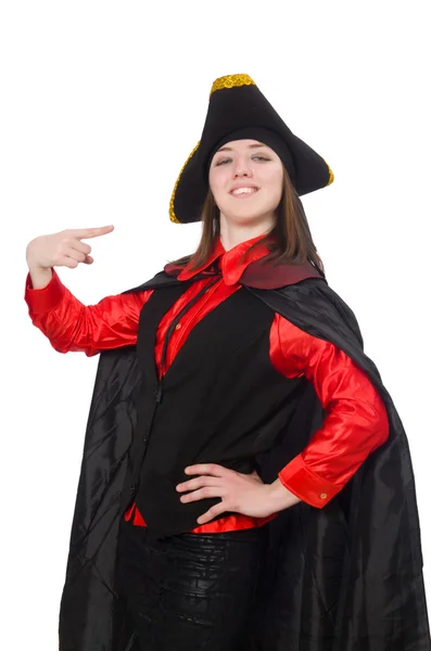 Pirata donna in cappotto nero isolato su bianco — Foto Stock