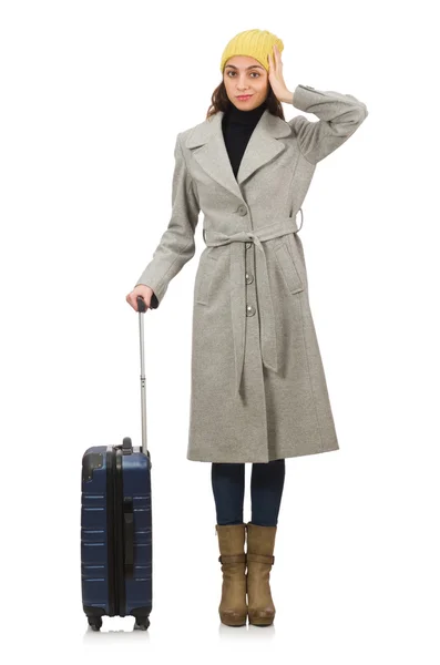 Frau mit Koffer bereit für den Winterurlaub — Stockfoto