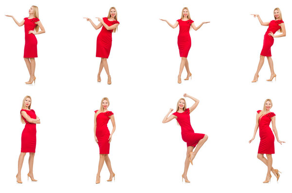 Woman in red dress isolated on white