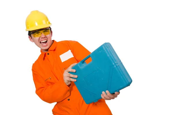 Hombre en mono naranja aislado en blanco —  Fotos de Stock