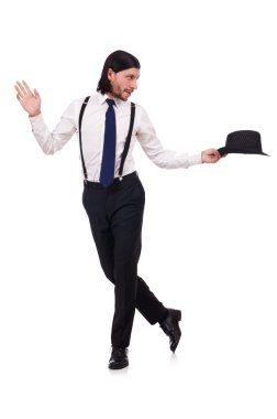 Şapka ve beyaz izole jartiyer giymiş adam