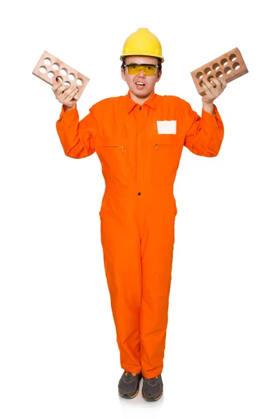 Man in oranje overall geïsoleerd op wit — Stockfoto