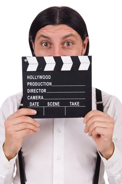 Joven caballero con clapperboard aislado en blanco —  Fotos de Stock