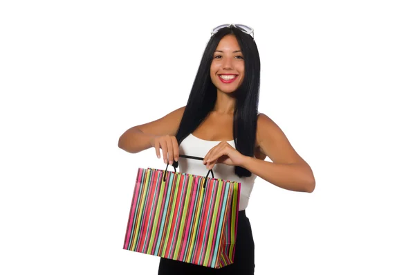 Femme avec sacs à provisions sur blanc — Photo